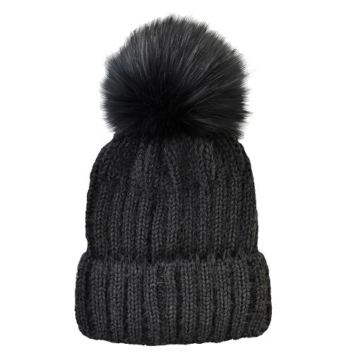 RIBBED CUFF HAT, FAUX FUR POM BLACK