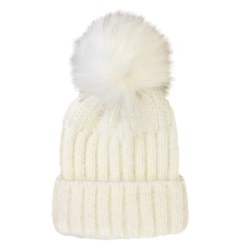 RIBBED CUFF HAT, FAUX FUR POM WHITE