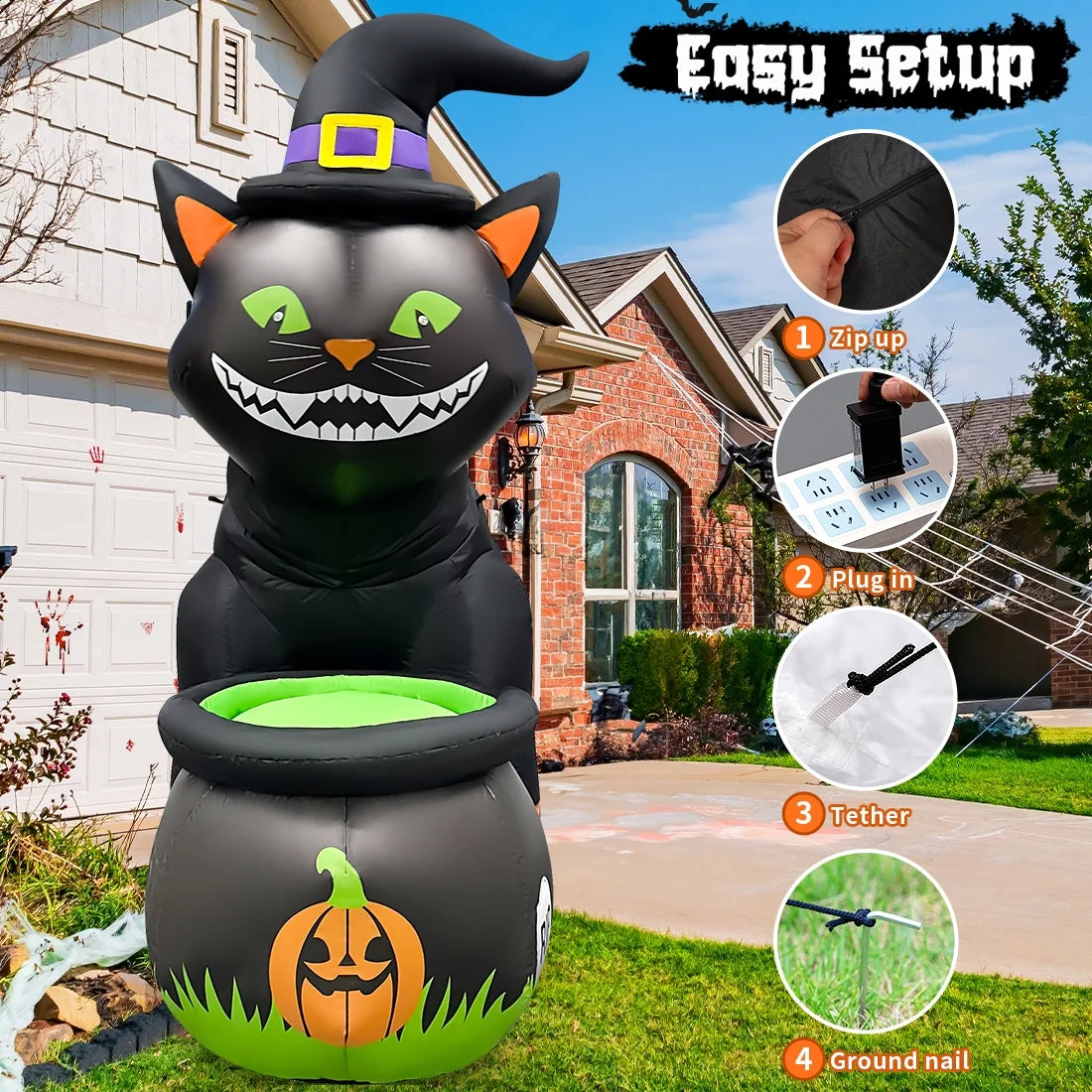5.2 Ft. Tall Shaking Head Black Cat Inflatable with Built-in LEDs