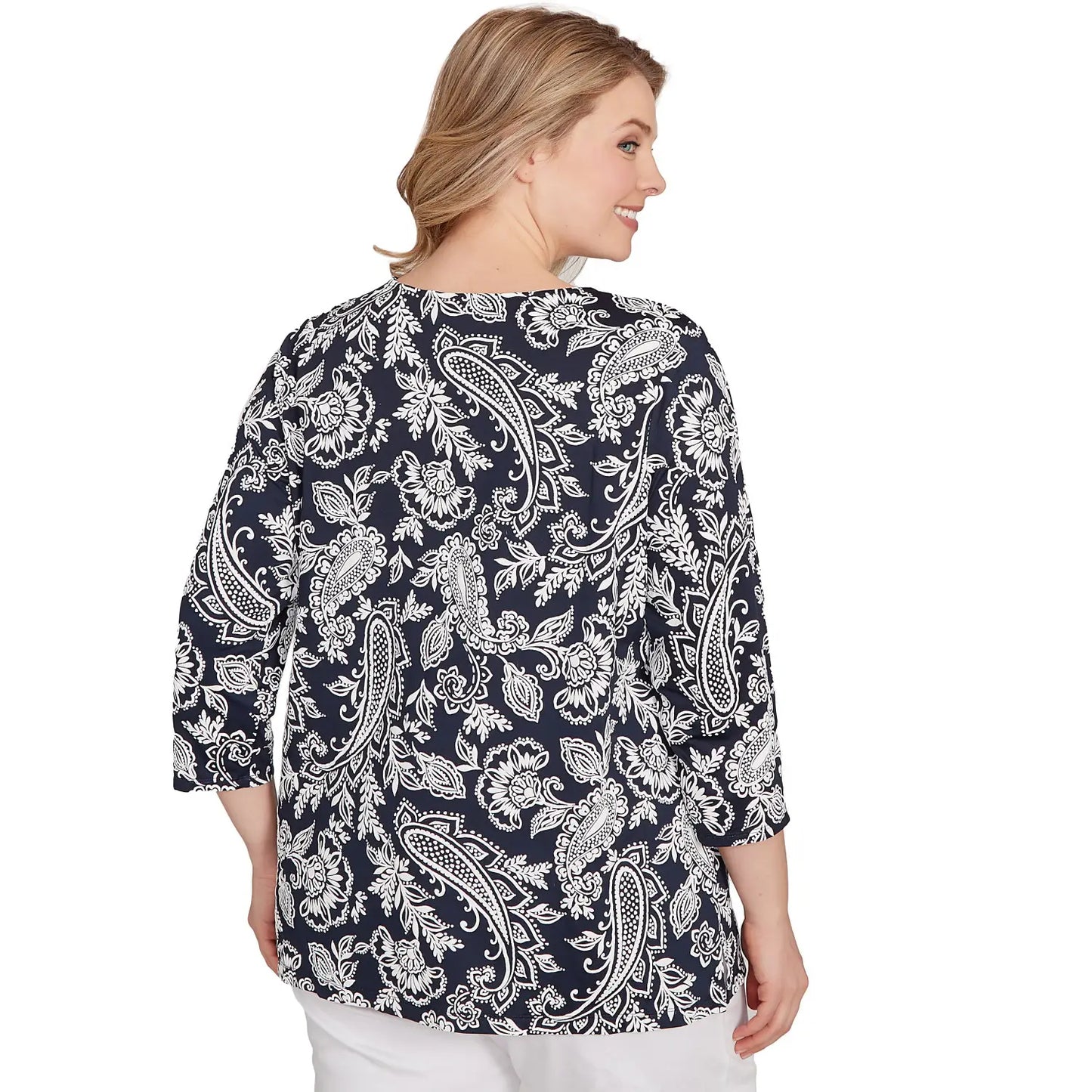 Plus Jacobean Paisley Puff Print Top Navy/White  - Ruby Rd
