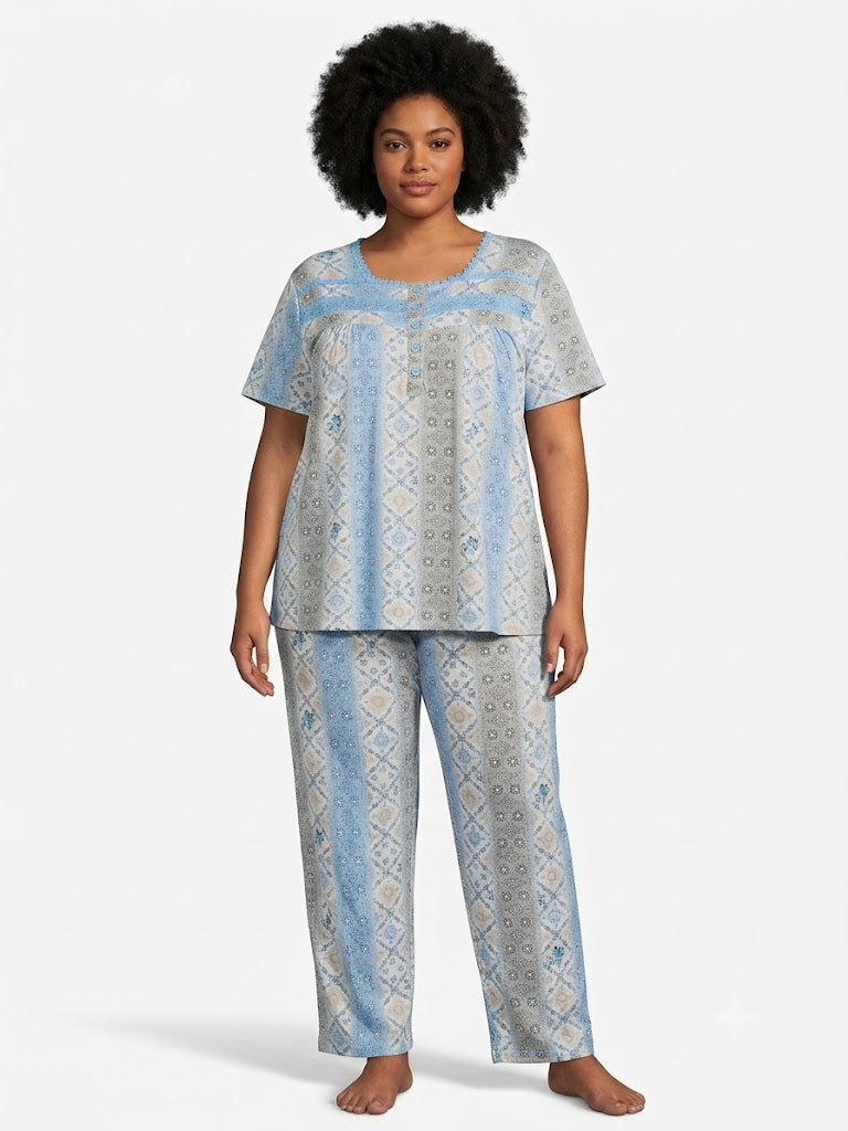 Plus Pant Pj Set , w / Lace & Bottoms , Floral Blue