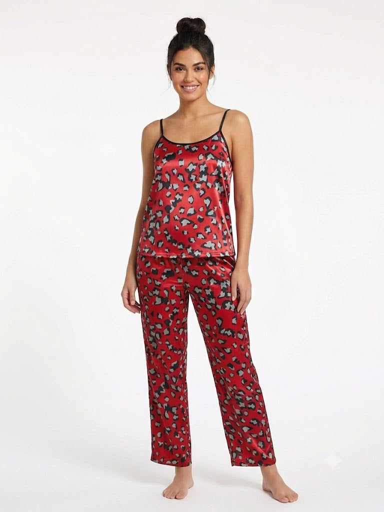 Ladies 2PC Satin Cami / Pants PJ Set Print Red