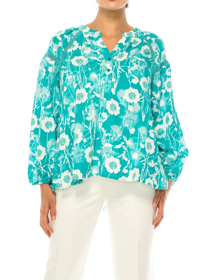 Half Button Down Peasant Top Lapis/Coconut Milt  - Zac & Rachel
