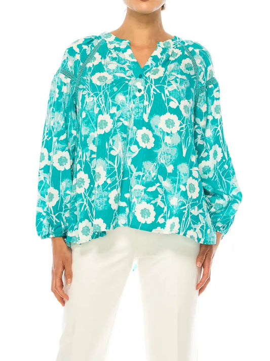 Half Button Down Peasant Top Lapis/Coconut Milt  - Zac & Rachel