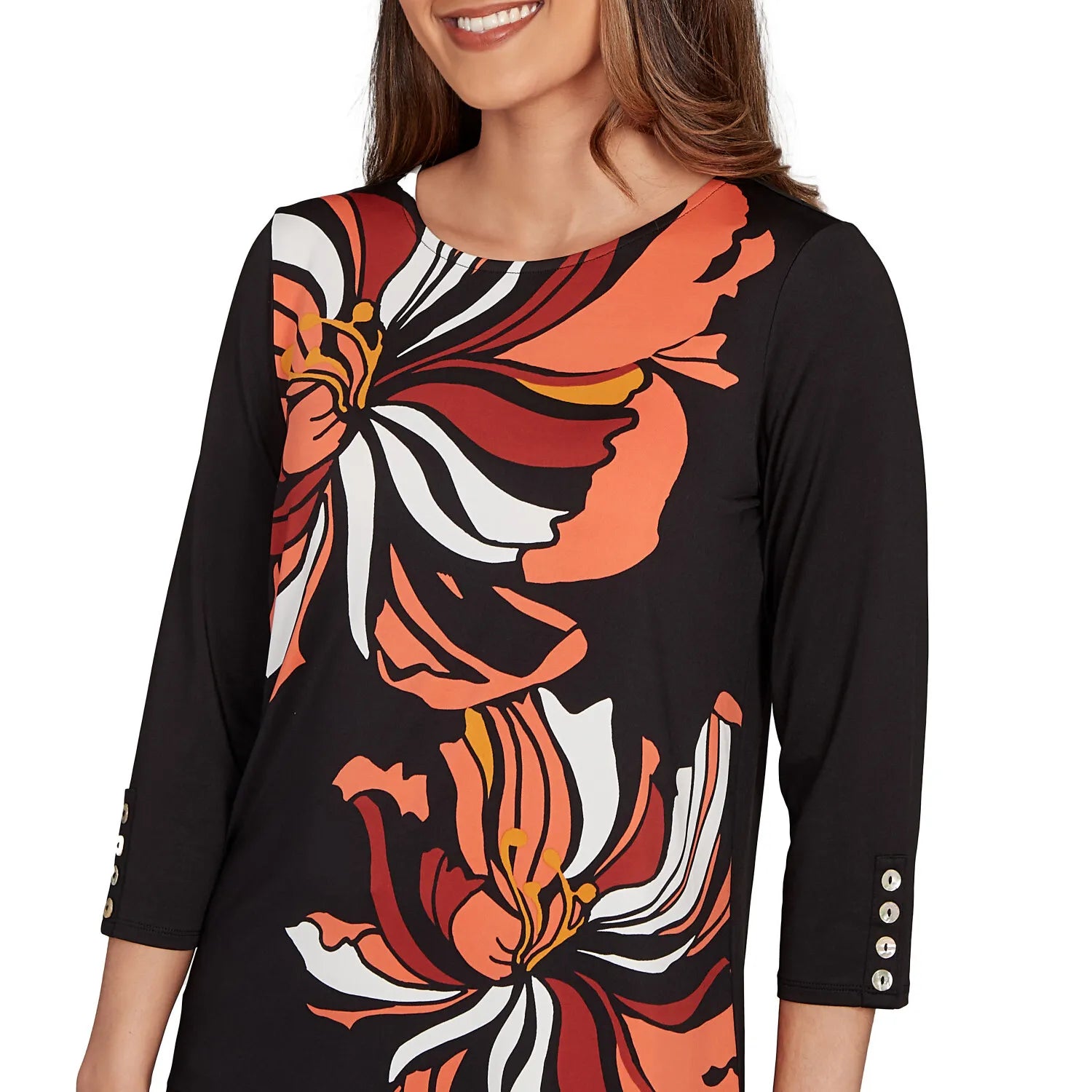 Button Sleeve Bold Floral Top Black Multi  - Ruby Rd