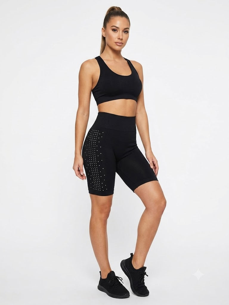 Seamless Shorts w /  Rhinestones Detail Black