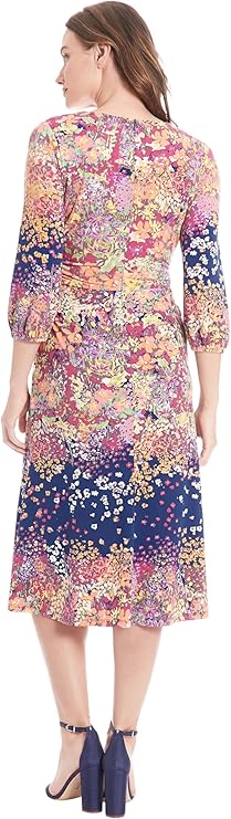 V-Neck, 3/4 Puff Sleeves Dress Navy Multi  - London Times