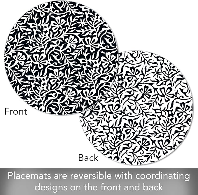 Black & White Woodblock Round Reversible Placemat