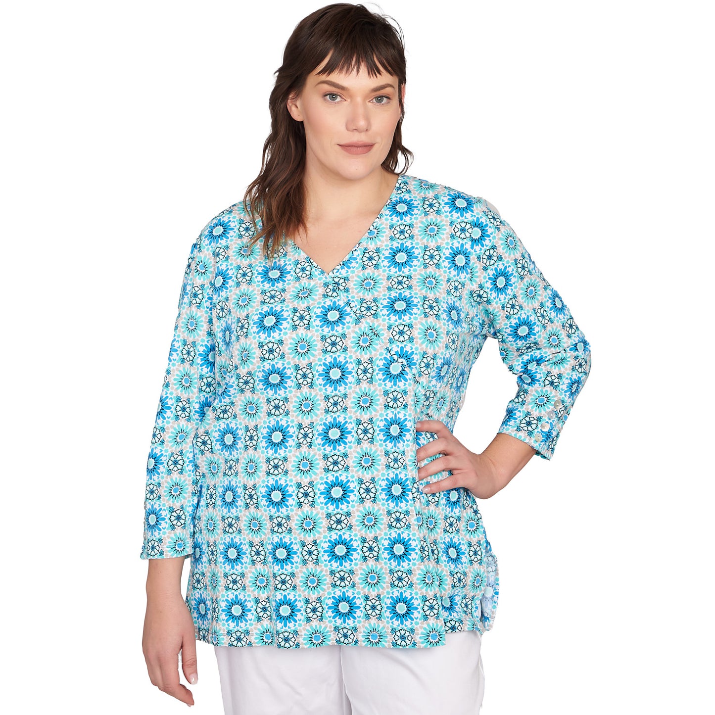 Plus Medallion Tile Floral Faux Surplice Top Lagoon Multi  - Ruby Rd