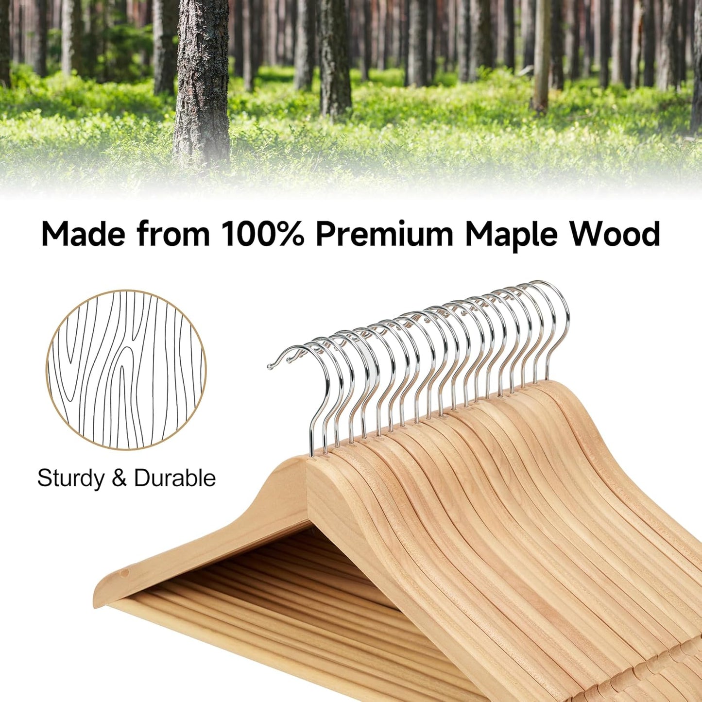 Glossy Natural/Chrome - S/10 Wood Suit Hanger w/ Bar