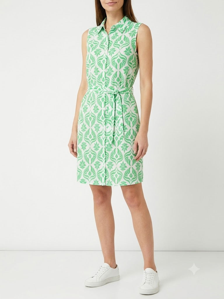 Dress Printed Faux Linen White-Green  - Ninety