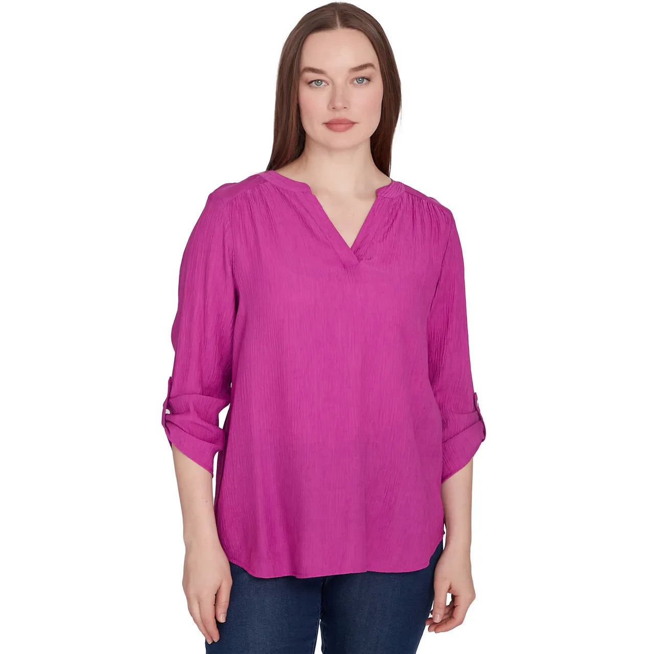 Solid Luxe Roll Tab Sleeve Top Dahlia- Ruby Rd