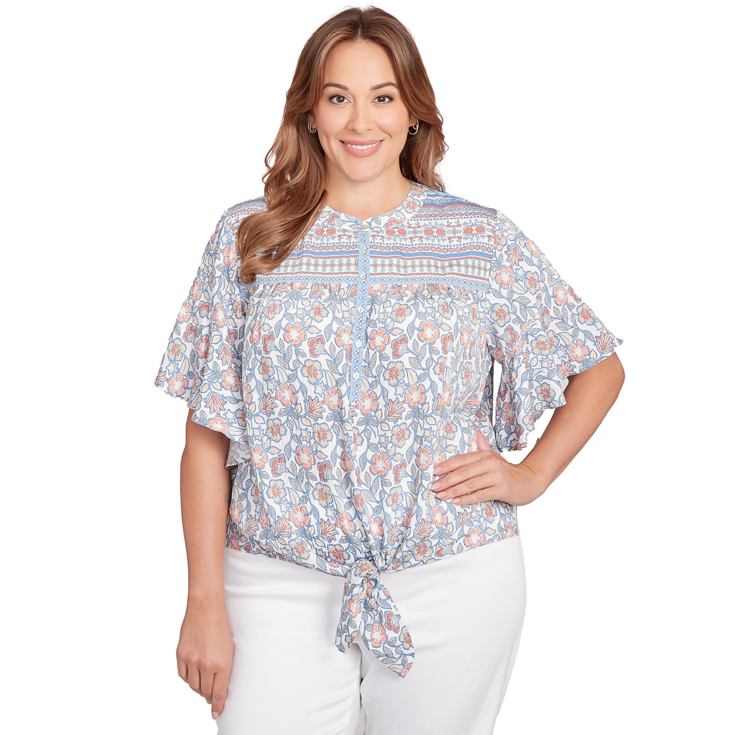 Plus Vintage Floral Tie Front Henley Tee  - Ruby Rd