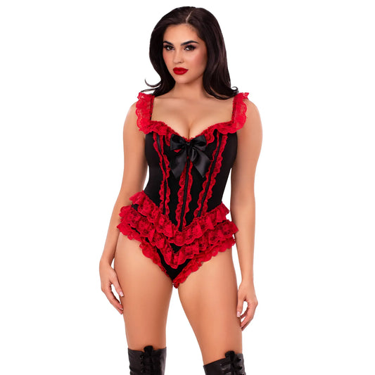 Ruffle Bodysuit with Boning Black-Red
