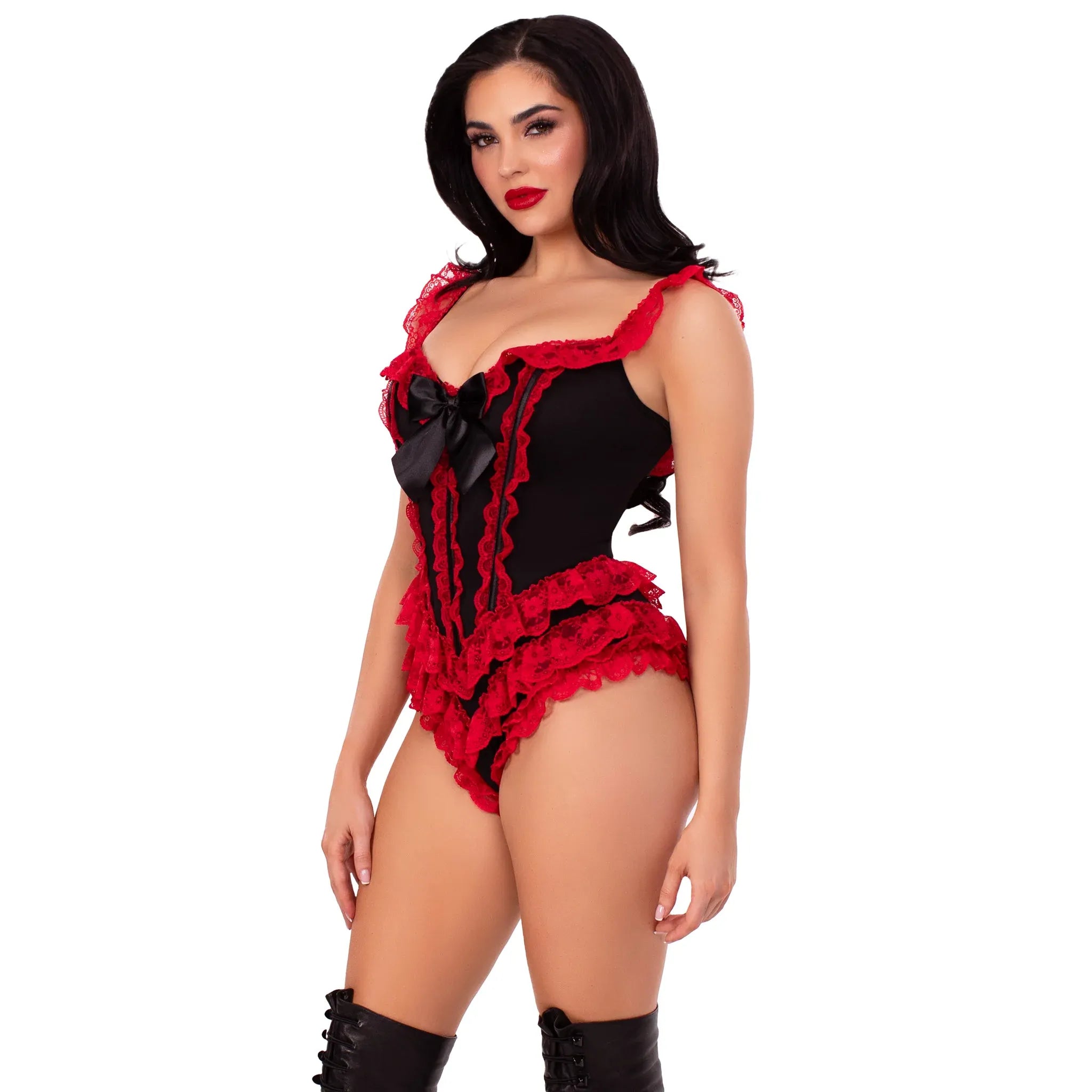 Ruffle Bodysuit with Boning Black-Red