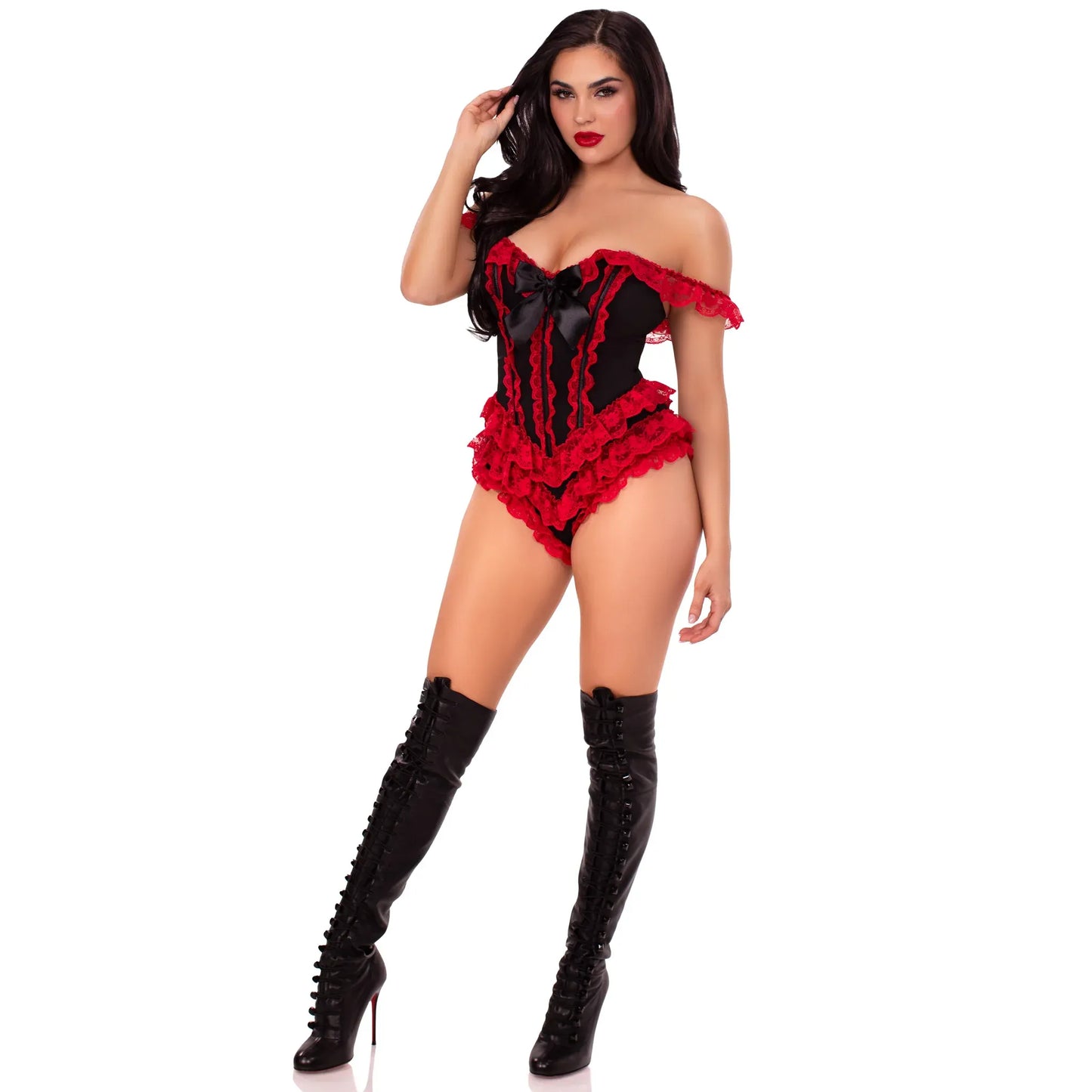 Ruffle Bodysuit with Boning Black-Red