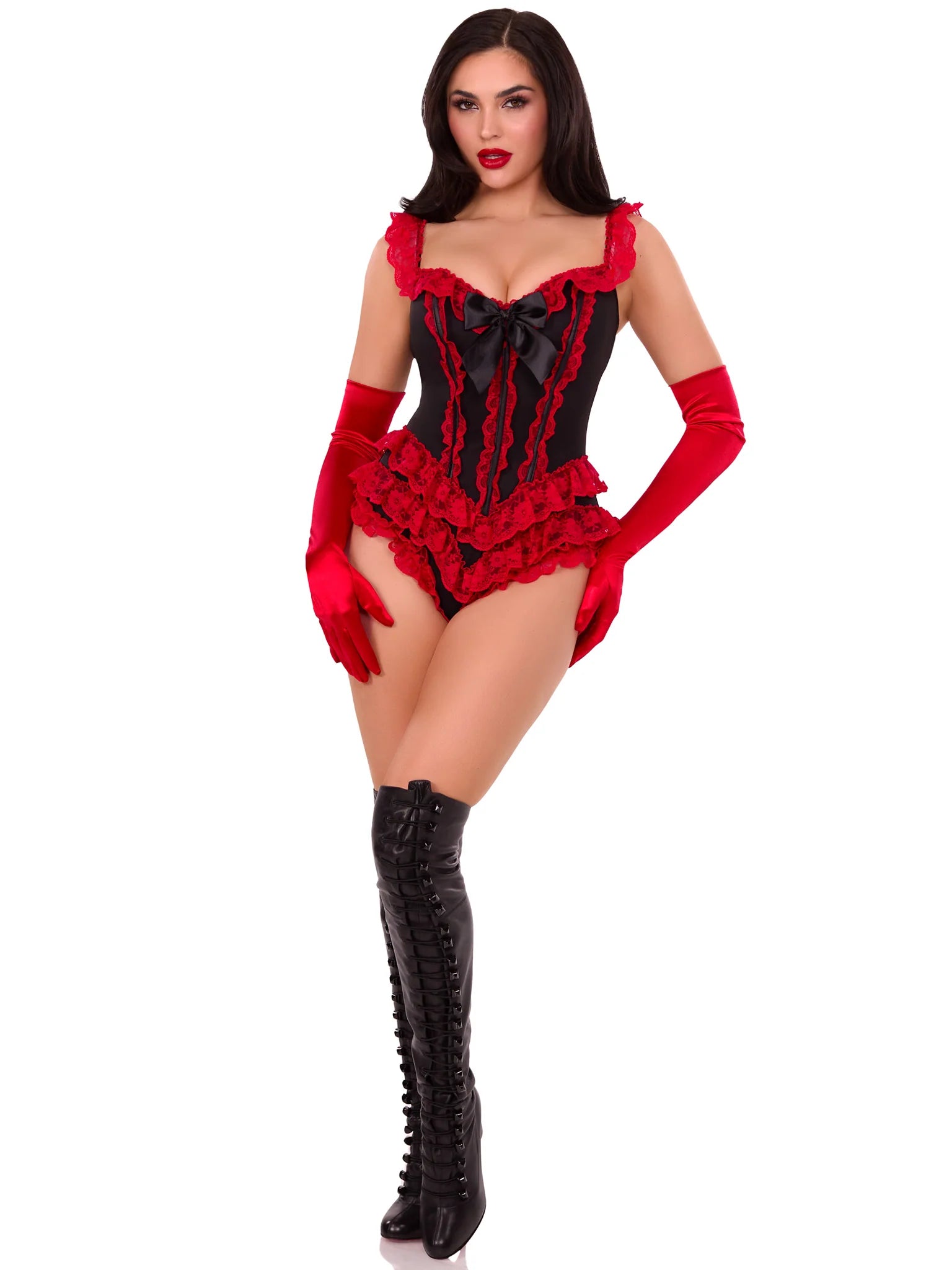 Ruffle Bodysuit with Boning Black-Red