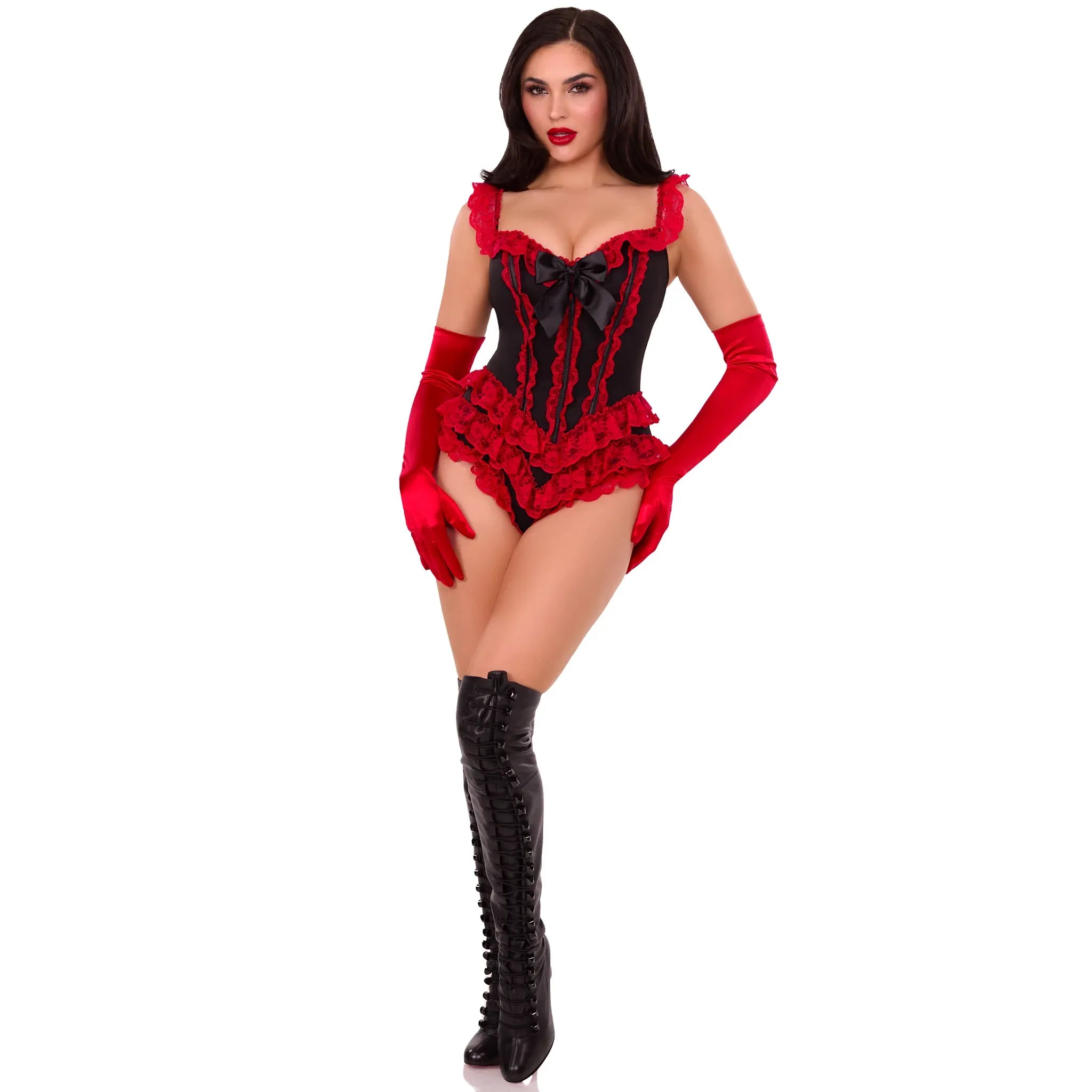 Ruffle Bodysuit with Boning Black-Red