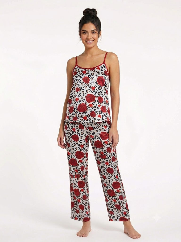Ladies 2PC Satin Cami / Pants PJ Set White-Red-Flowers