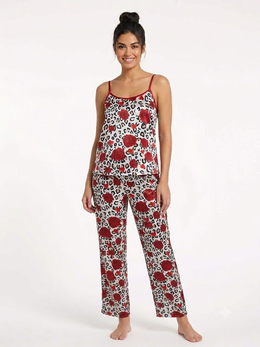 Ladies 2PC Satin Cami / Pants PJ Set White-Red-Flowers