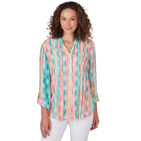 Woven Stripe Button Front Top Blue Moon   - Ruby Rd