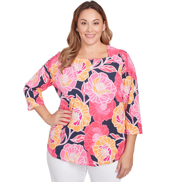 Plus Bold Poppies Envelope Neck Top  Watermelon Multi - Ruby Rd