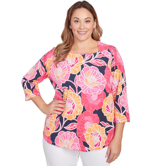 Plus Bold Poppies Envelope Neck Top  Watermelon Multi - Ruby Rd