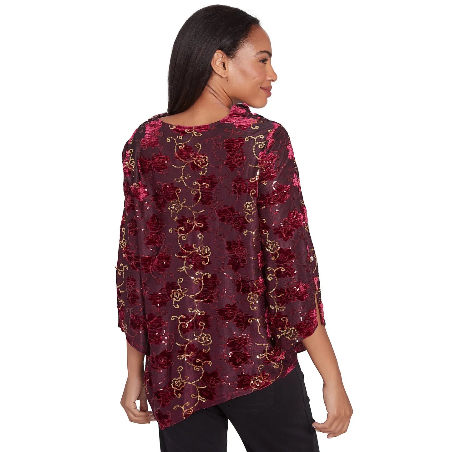 Iridescent Sequin Velvet Floral Cowl Neck Top  Beet Multi - Ruby Rd