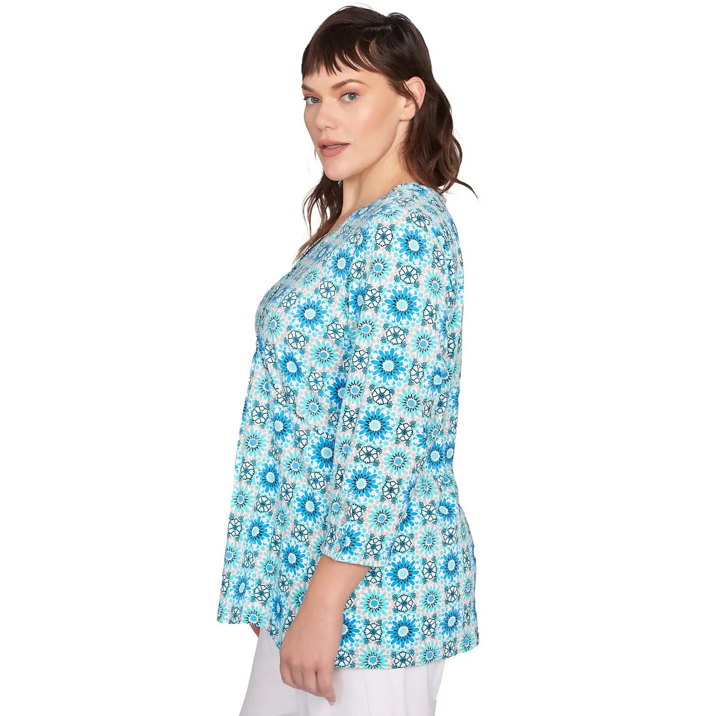 Plus Medallion Tile Floral Faux Surplice Top Lagoon Multi  - Ruby Rd