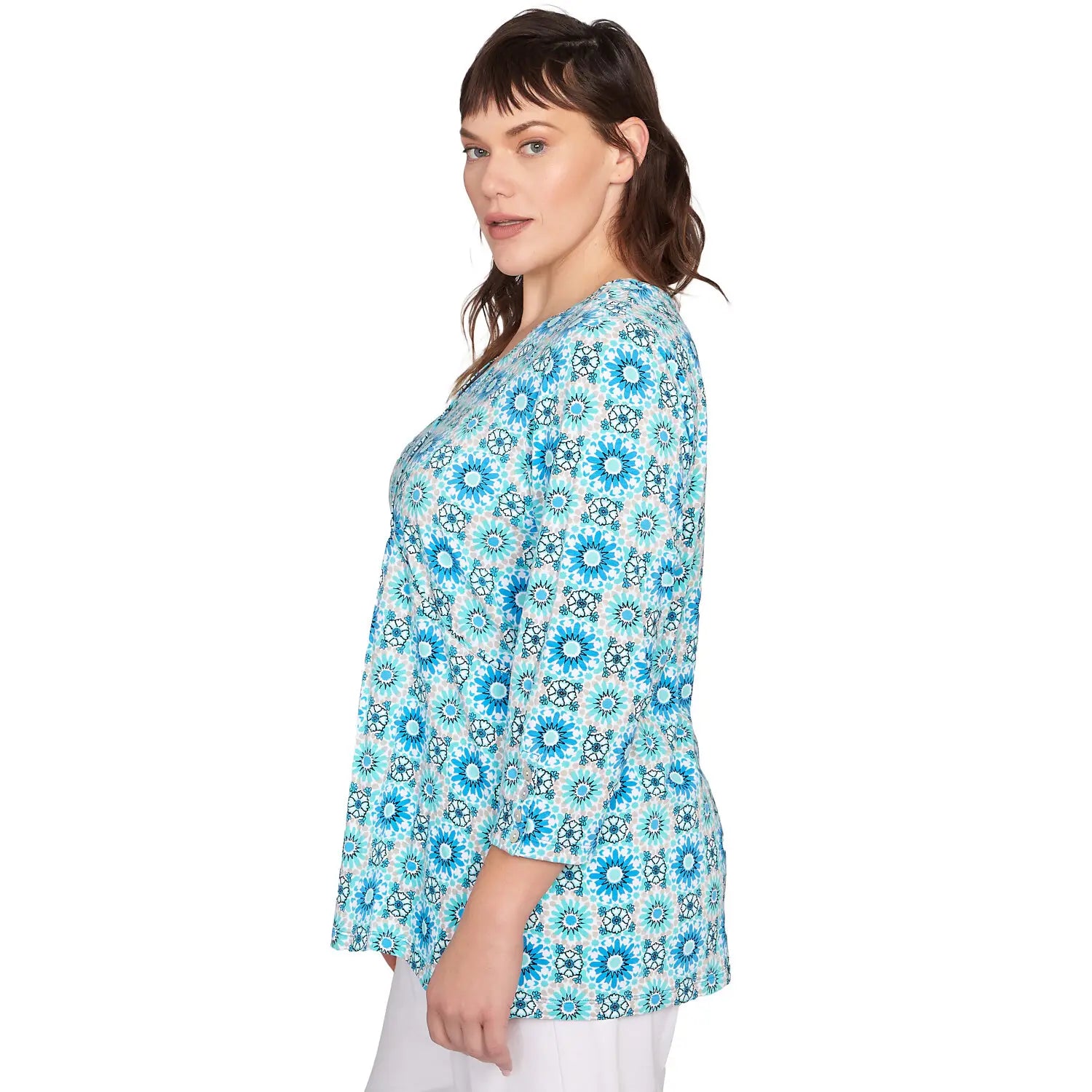 Plus Medallion Tile Floral Faux Surplice Top Lagoon Multi  - Ruby Rd