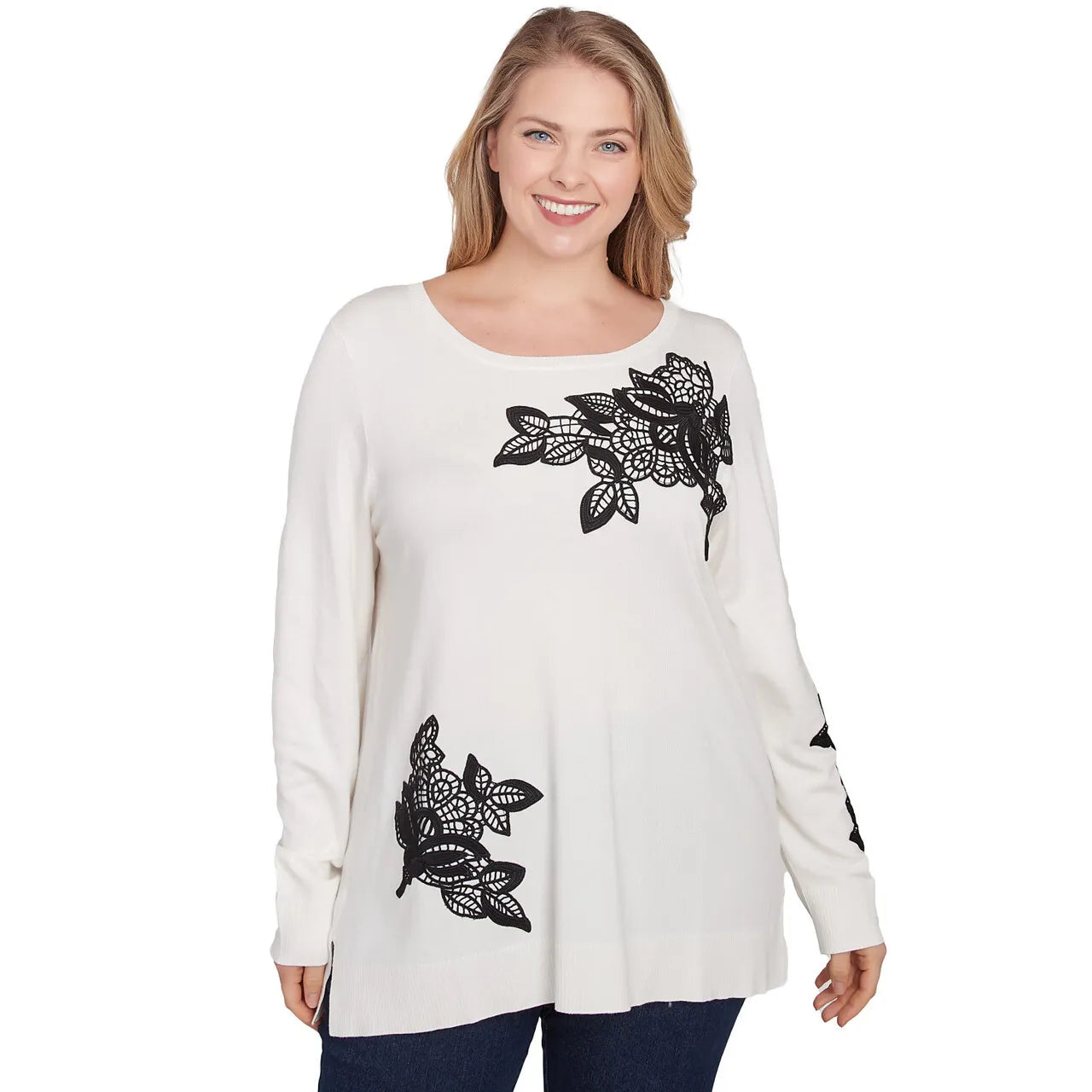Plus Floral Lace Fine Gauge Sweater -Ruby Rd