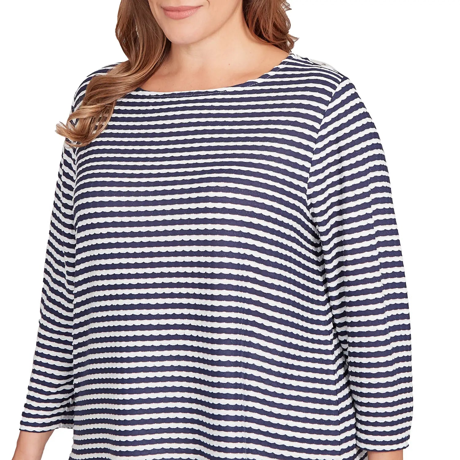 Plus Scalloped Texture Stripe Top Navy Multi - Ruby Rd