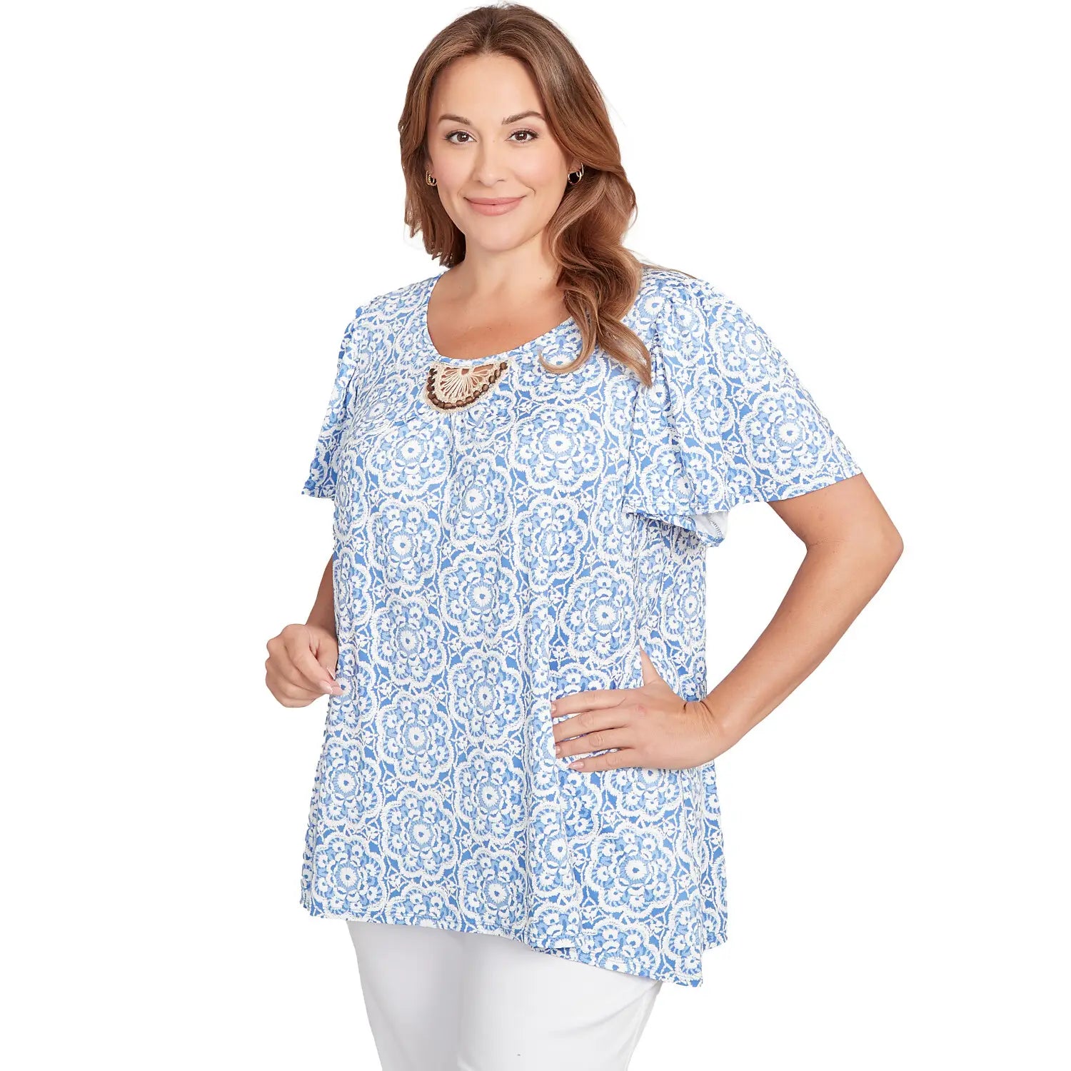 Plus Beaded Macramé Puff Print Tee    - Ruby Rd