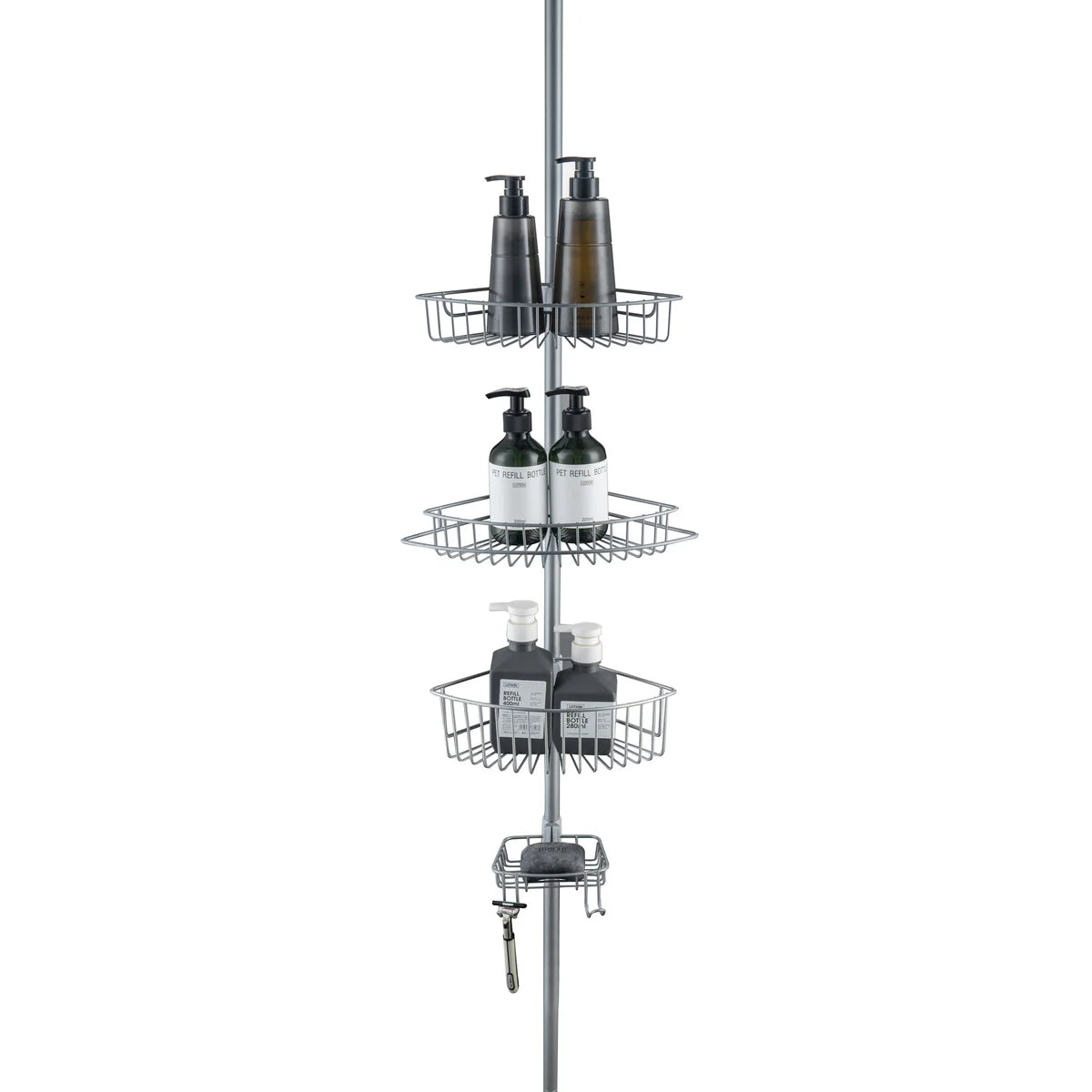 Satin Grey - 4-Tier Corner Tension Pole Shower Caddy