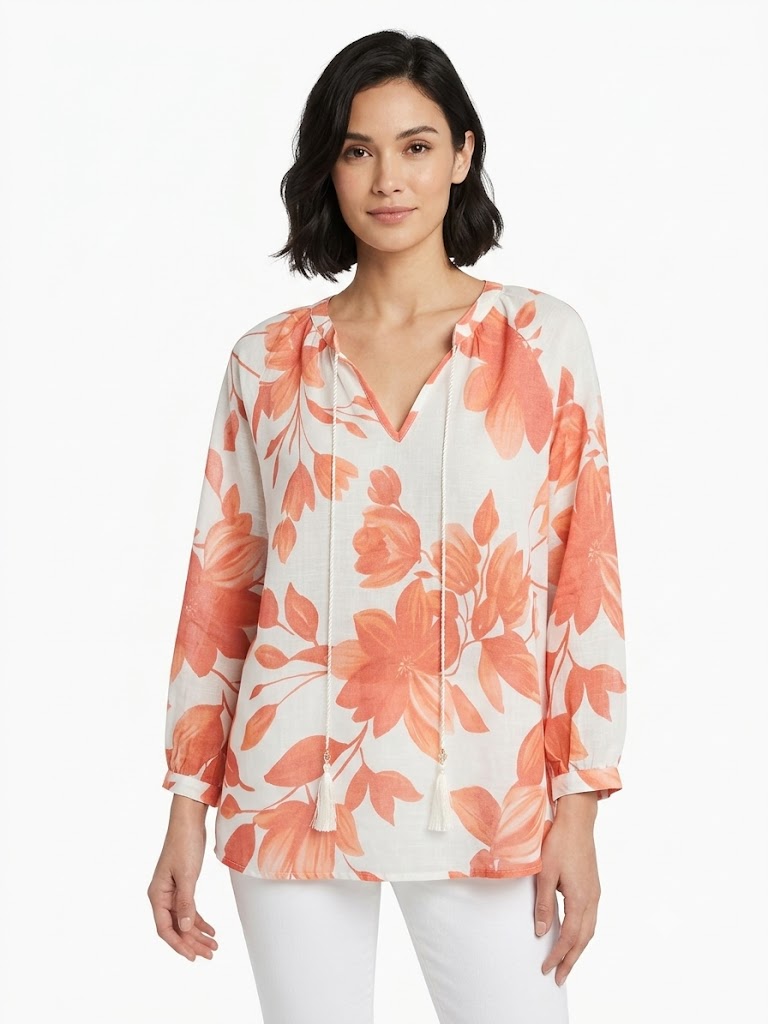 Tassel Neck Popover Ivory-Orange