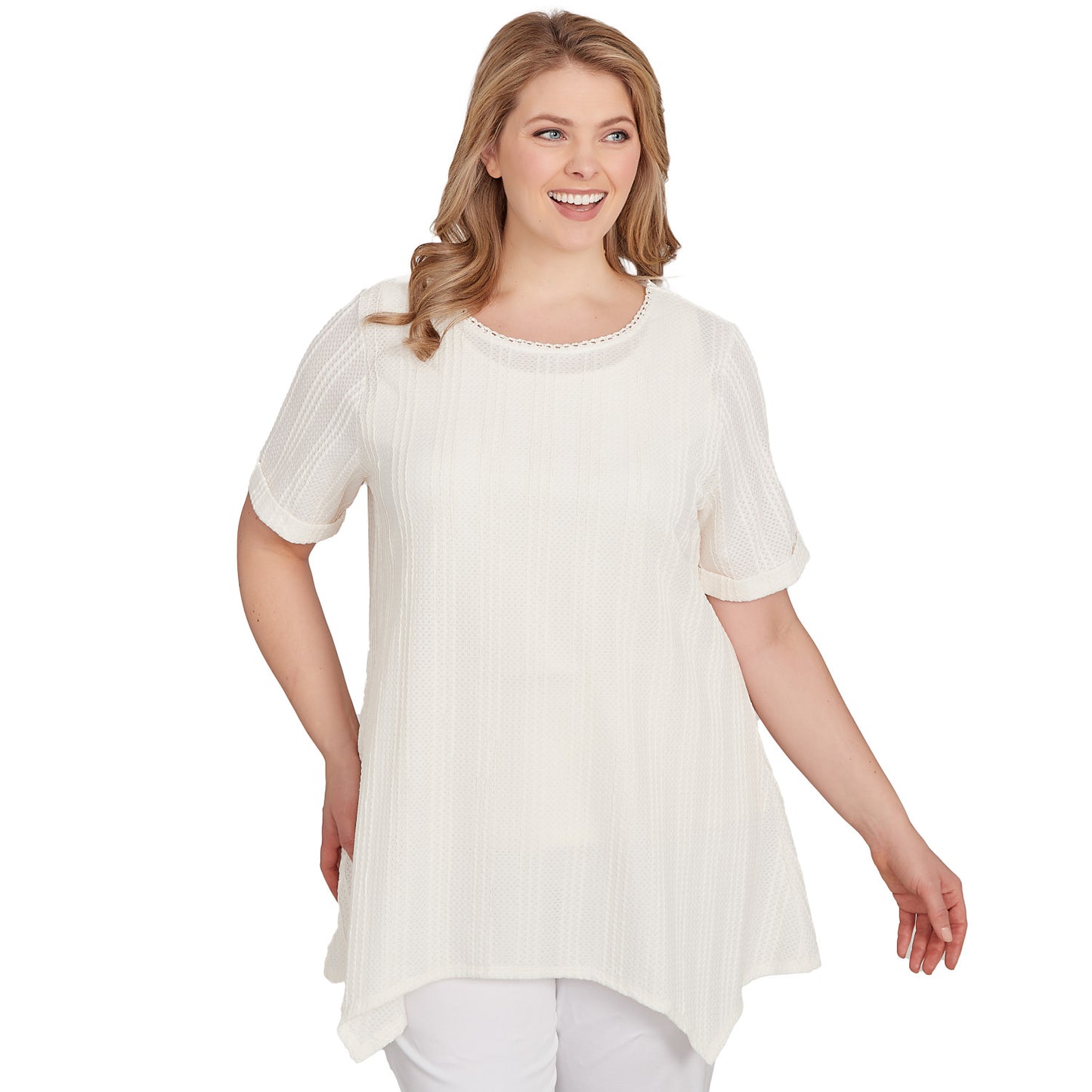 Plus Solid Crinkle Knit Tee Ivory- Ruby Rd