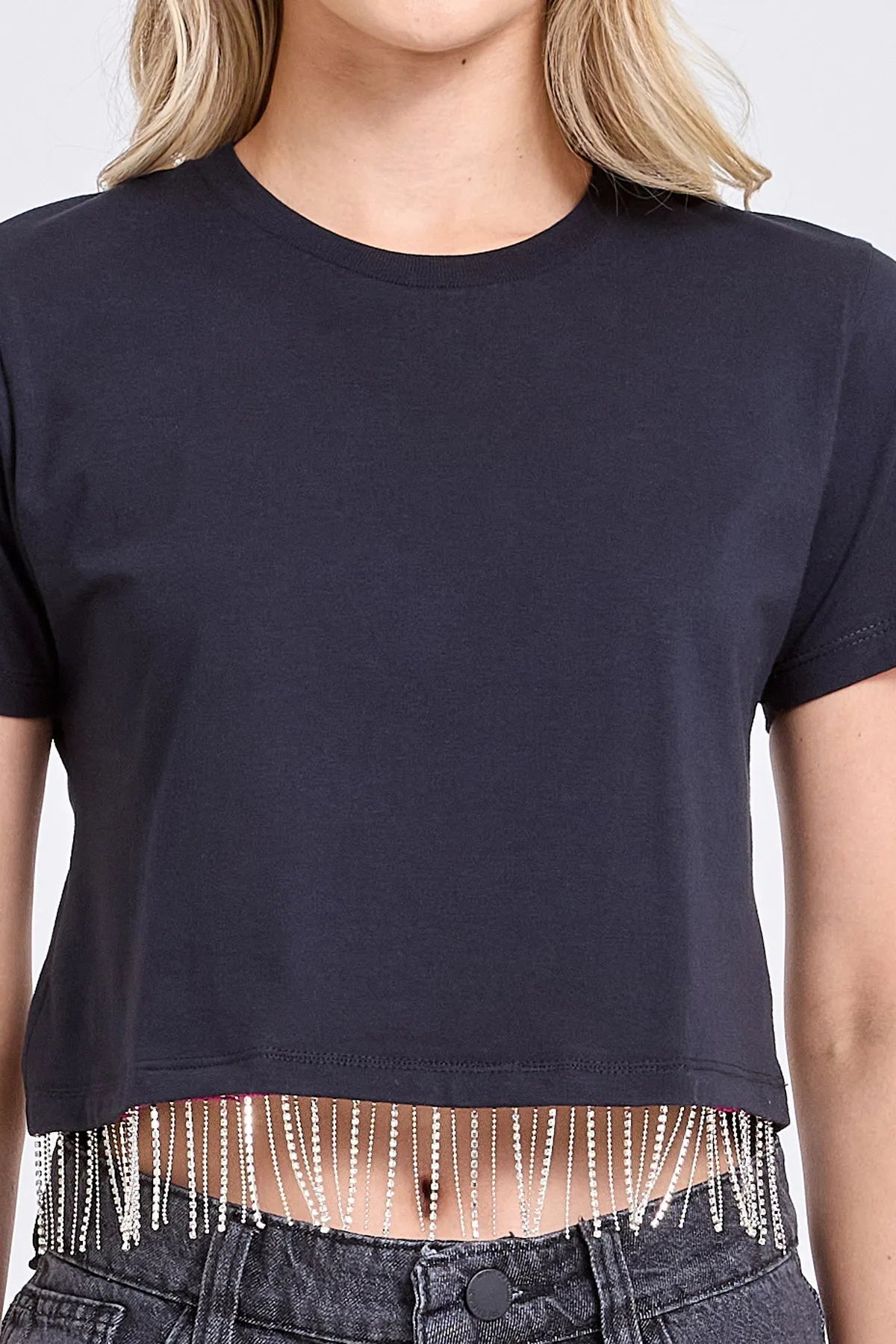 Cropped T-Shirt w/Rhinestone & Shop bead Black