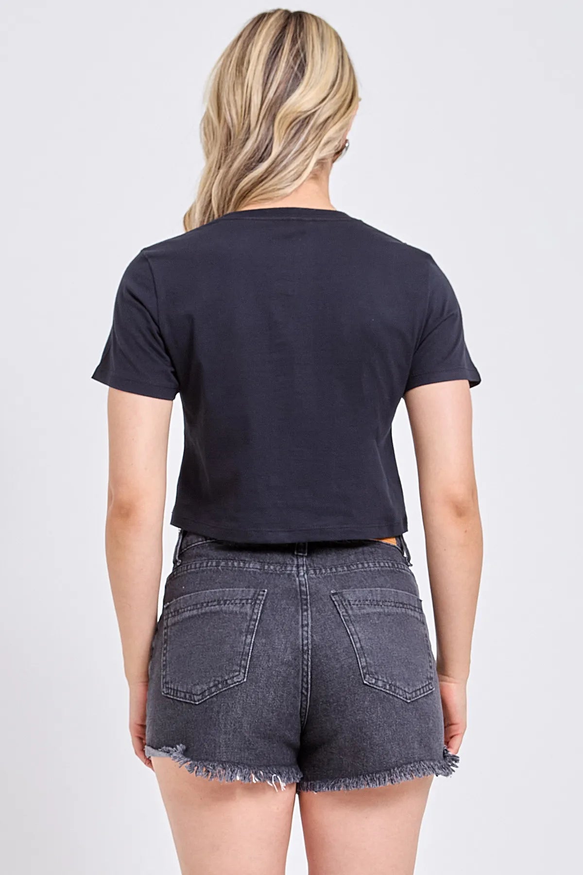 Cropped T-Shirt w/Rhinestone & Shop bead Black