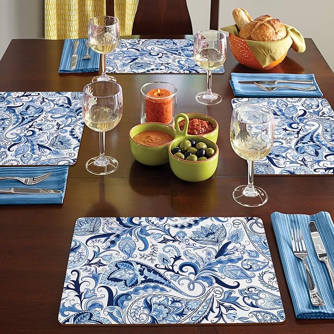 Blue Paisley  Hardboard Cork- Back  Placemat Set of 4