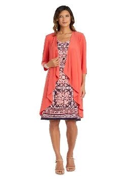 2 Piece Puff Print Jacket Dress Coral