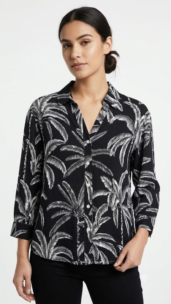 Blouse Printed  Palms White-Black- Ninety