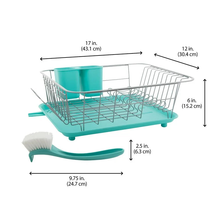 Compact Dish Rack with Frost Sink Brush, Teal