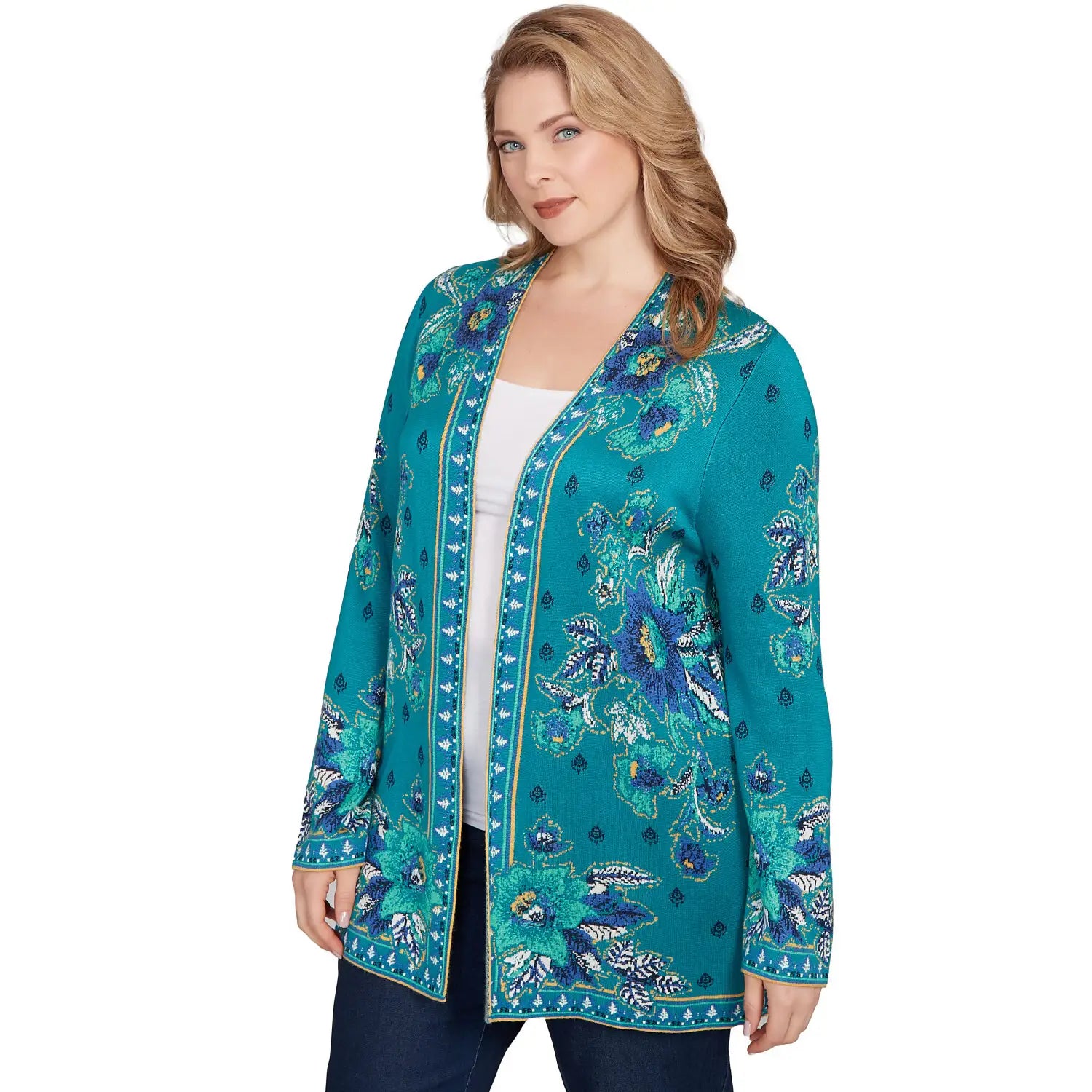 Plus Floral Open Front Sweater Cardigan- Ruby Rd