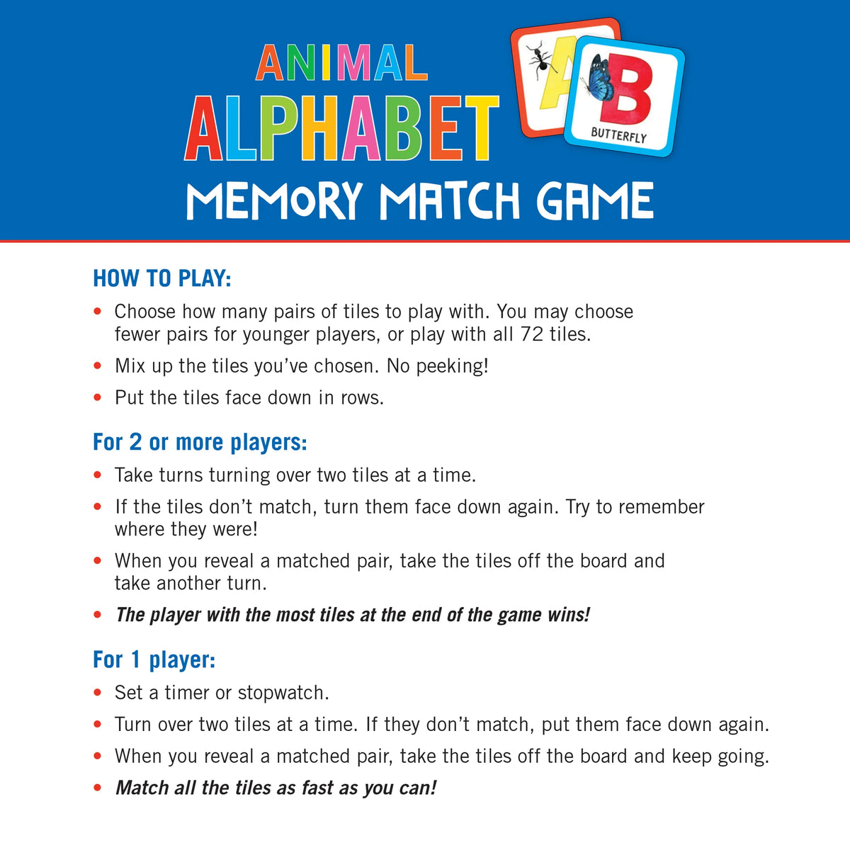 Juego de emparejar abecedario de animales (Set de 72 cartas)