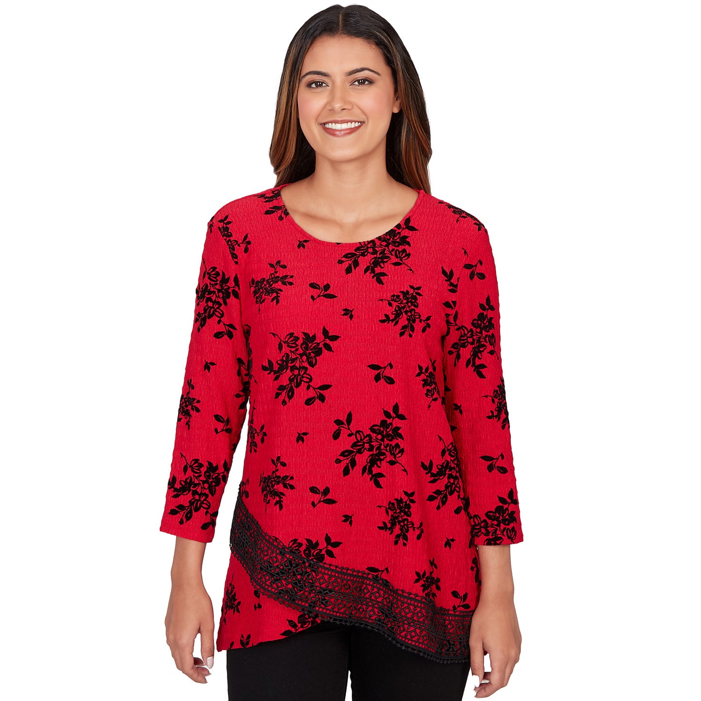 Floral Flocked Texture Lace Trim Top Cherry Multi - Ruby Rd