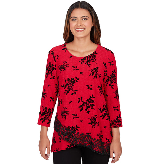 Floral Flocked Texture Lace Trim Top Cherry Multi - Ruby Rd