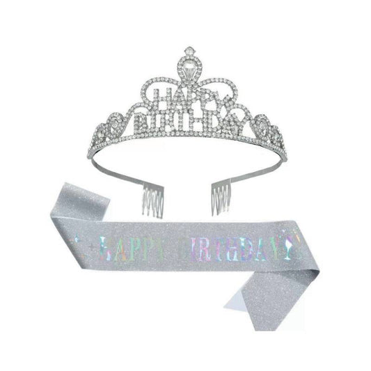 Happy Birthday Deluxe Crown & Sash Set – Silver Celebration