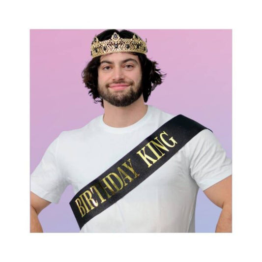 Birthday King Deluxe Crown & Sash Set – Black and Gold Party Accessories