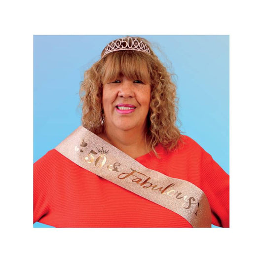 50 & Fabulous Deluxe Crown & Sash Set – Rose Gold Birthday Accessories