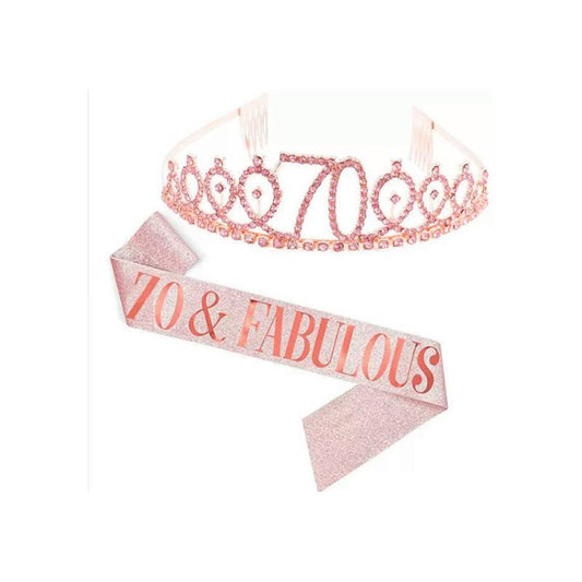 70 & Fabulous Deluxe Crown & Sash Set – Rose Gold Birthday Accessories